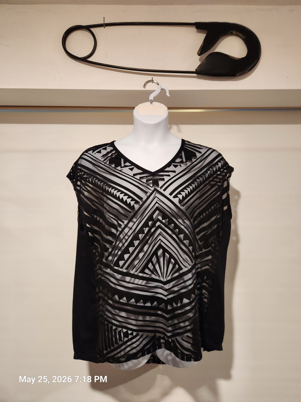 Black Geometric Sheer V-Neck Women's Top